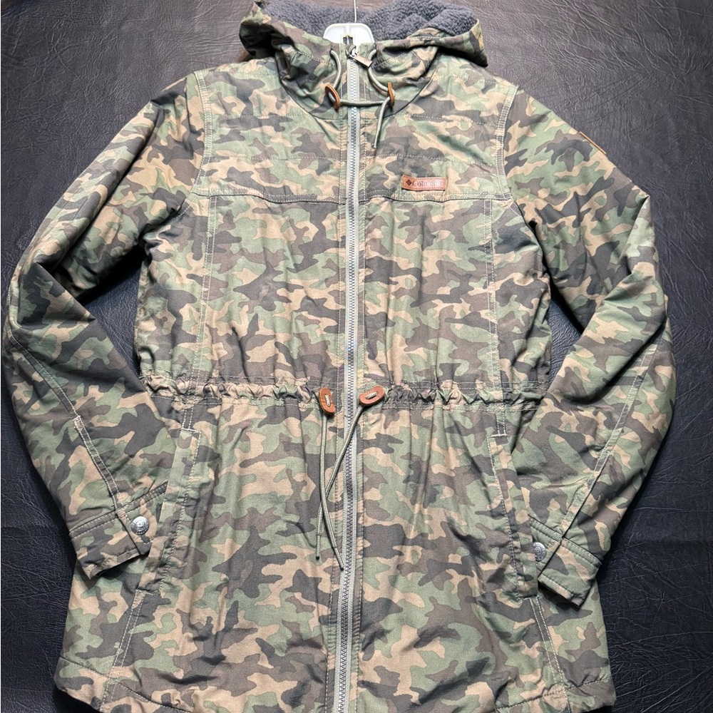 Columbia Camo Hooded Women’s Jacket Sz S Fleece Lined Utility Coat Gorpcore